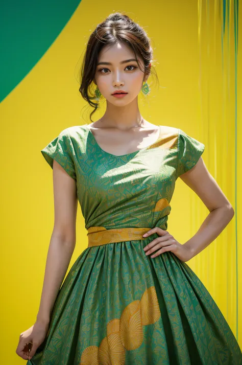 The image presents a woman in a distinctively styled dress that appears to be flowing, displaying a wave-like pattern. The dress blends colors of green, yellow, and orange in a striking manner. The woman is standing against a deep green background, creatin...