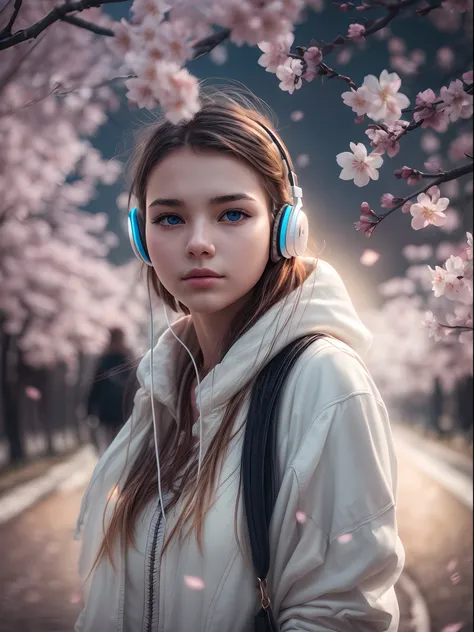 1girl wearing a glowing white headphones, calming chill mood, detailed eyes, street photography, cherry blossom with street photography, moody settings, 24K resolution, best quality