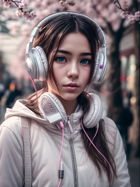 1girl wearing a glowing white headphones, calming chill mood, detailed eyes, street photography, cherry blossom with street photography, moody settings, 24K resolution, best quality