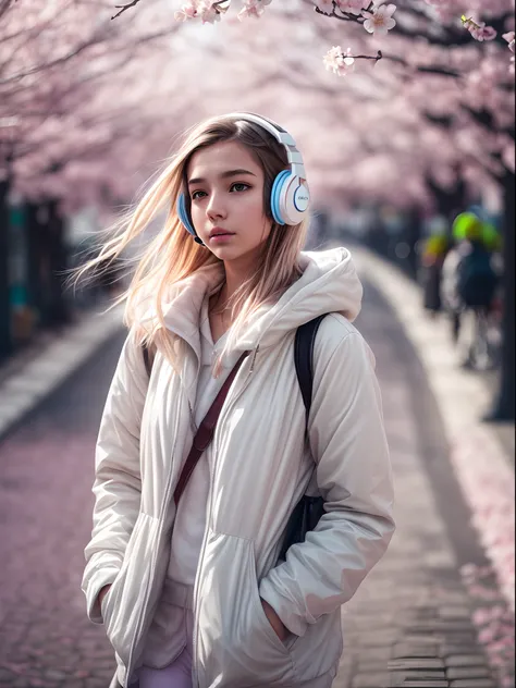 1girl wearing a glowing white headphones, calming chill mood, detailed eyes, street photography, cherry blossom with street photography, moody settings, 24K resolution, best quality