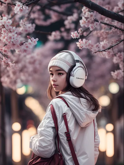 1girl wearing a glowing white headphones, calming chill mood, hang bagpack, detailed eyes, street photography, cherry blossom with street photography, moody settings, 24K resolution, best quality