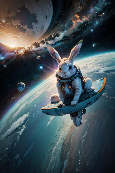 bunny, surfing in space, inspired by cyril rolando, shutterstock, highly-detailed illustration, full color illustration, very de...