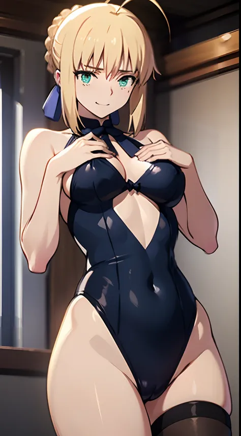 NSFW、（masutepiece、of the highest quality、Best Quality、Official art、Beautiful CG,）artoria、Colossal tits、Photorealsitic、（Rolling eyes:1.5）、masturbation、Smile embarrassedly、Heart symbol in the eye、NSFW、Vegas Casinos、Slingshot swimsuit、tights、neck tie、Navel co...