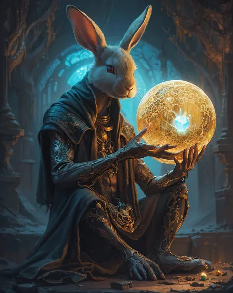 Rabbit Painting, Holding a crystal ball in his hand, beeple and jeremiah ketner, Author: Thomas Allen Copper, Andrew Ferez, in style of dark fantasy art, based on Andrew Ferez, beeple and jean giraud, Jeffra Bosshart, dan mumford tom bagshaw, Peter Morbach...