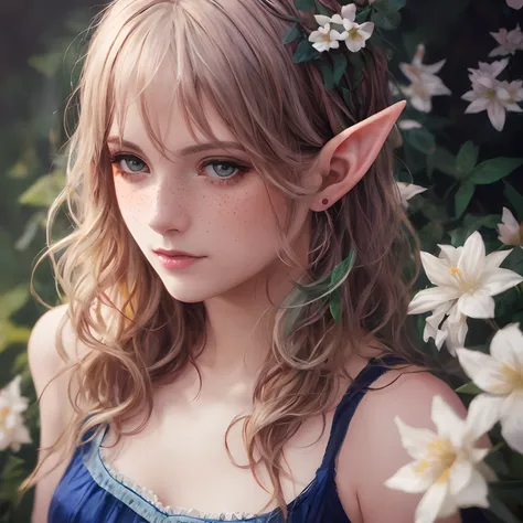 Detailed and realistic portrait of gorgeous and beautiful elf bjddoll (Woman) Maid with freckles, long, Wavy and disheveled hair, Multicolored seductive eyes, Dark fluffy dresses, Soft natural lighting, a portrait photo of, magical photography, Dramatic Li...