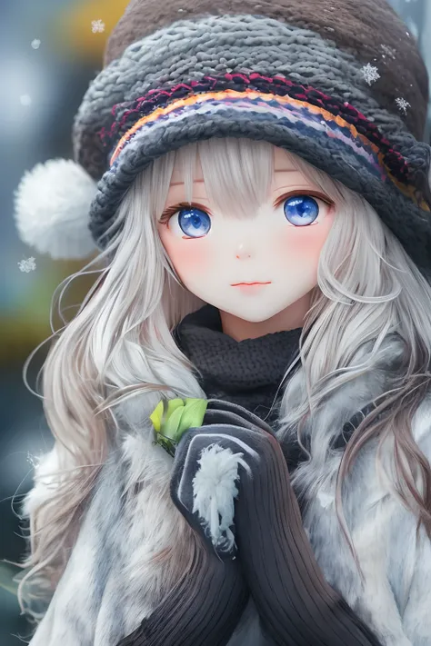 1girl in、portraitures、Cold winter mornings、The scene where the exhaled breath turns white is、Yarn hat、muffler、Thick coat、gloves、It looks cold、​masterpiece、Delicate、Elegance、top-quality、Fine、colourfull、intricate-detail、(8K:1.1) 、(超A high resolution)、独奏:1.9、...