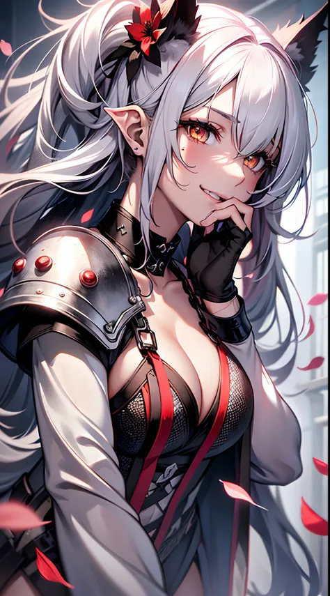 A girl，tear-mole，Black hand armor，Miserable white skin，Bloodless skin，pointy ears，Fang，Red pick dye， Very long white hair, Fluttering hair，red pigtails，soaking wet hair,Tips are highlighted in white, Peach eyes,White giant eyes，Beast pupils，Red tears，big l...