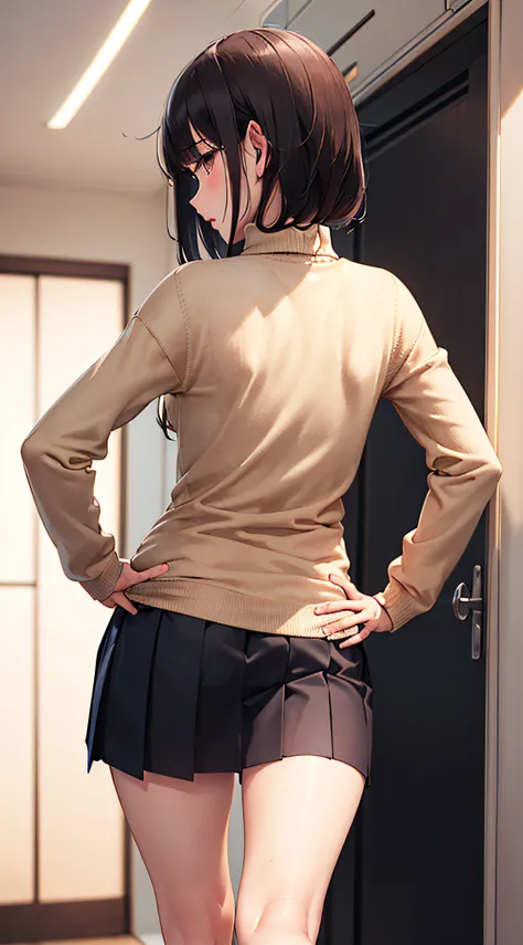 (((professional: step by step, final result god level))): "masterpiece, best quality, highres, solo 1girl, 24 years old, kr1, brown eyes, blunt bangs, kibito high school 50% uniform, sweater, pleated 10% miniskirt, socks, small breasts, leaning forward, ha...