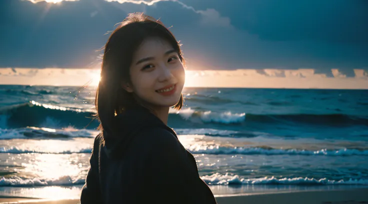 best quality,masterpiece,超高分辨率,(realisticity:1.4),original photo,cinematic lighting,
1girll,smile,back lit lighting,ocean,