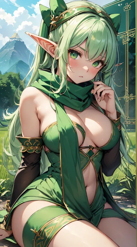 top-quality、Top image quality、​masterpiece、An elf girl((18year old、Best Bust、big bast,Beautiful green eyes、Breasts wide open, Green Twin Tail、a little muscular、Large valleys、Reflecting the whole body、Green Scarf、White robed clothes、Green Wind Aura、Physical...