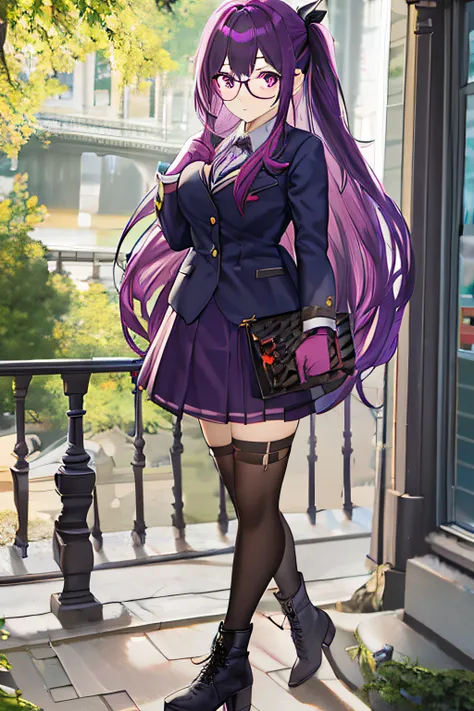 full body girl with dark purple colored hair, straight long hair, pink eyes, wearing idol clothes, skirt, gloves, boots, a hair ...