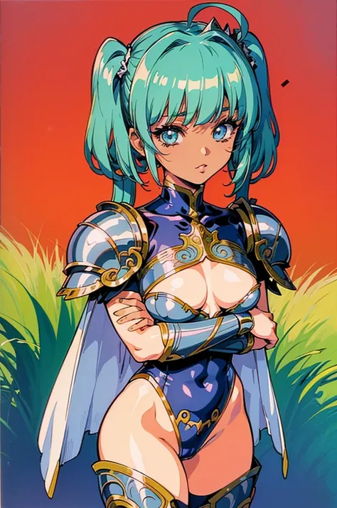 "(masterpiece:1.1), best quality, 
1girl, (80s anime style:1.3), (eyelashes:1.5),(loli:1.2), 
(intricate high detailed body:1.2), 
aqua hair, 
(blunt bangs:1.1), (twintails, drill hair:1.1), (tiara:1.2), 
purple eyes, (lip stick:1.4), 
(dark skin body:1.3)...