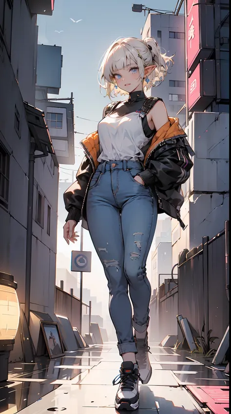 (1elf girl), (beauty elf girl), ((ultra-high picture quality)), masterpieces, Shes dressed in a trendy techwear outfit, perhaps a stylish jacket and jeans, with comfortable sneakers. She stands casually in a city park, with the sun casting long shadows as ...