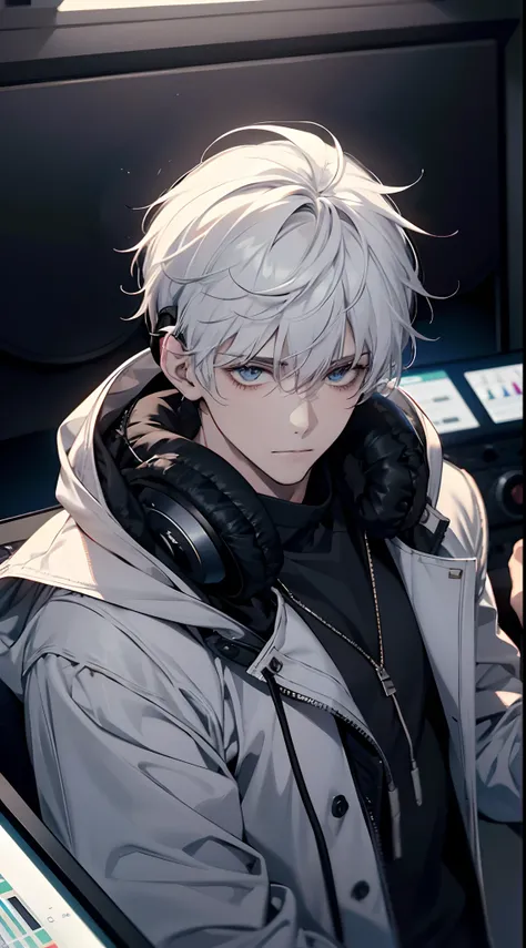 1male people, calm, adult, age 35 face, handsome, short and messy bangs, white hair,with hood and headphones, wearing black, in ...