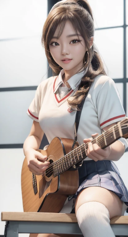 Portrait of female Korean idol, tzuyu from twice, the girl plays the guitar, 8k artgerm bokeh, hi-school girl,校服，15 only，knee high socks, poneyTail,hightquality,Background of the school building