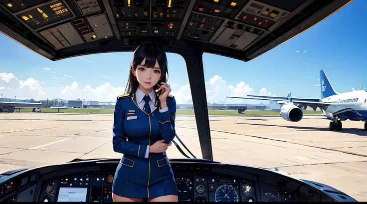 On a sunny day,Cute Captain in a flight uniform with tight miniskirt,Fly an airplane in the cockpit of a Boeing B787