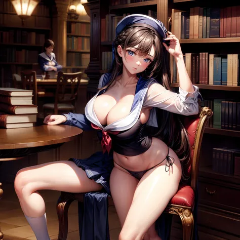 （8K ，Hyper-detailing，Ultra photo realsisim，Best Masterpiece，naturey，Perfect artwork，Perfect female body），Two cute busty girls ，（large tities），A quiet and elegant library，Book case，Tons of books，Long table，a chair，A ghost hidden in the library，Wearing a sai...