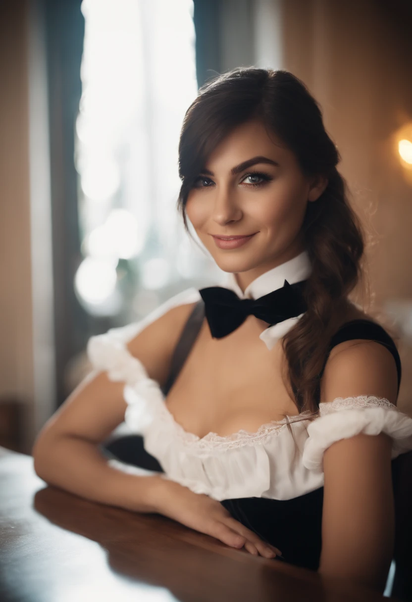 8K,  Black velvet bunny girl costume, velvet, a 20 yo woman, Bokeh background, bokeh feeling,  girls own room, A smile, de pele branca, Cute little girl s, breasts on table, White choker and black bow tie, White cuffs, two side up