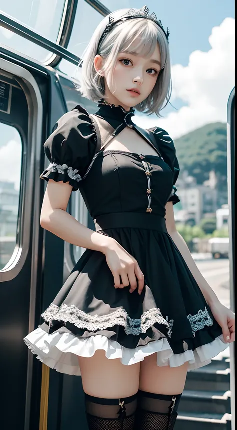 Woman knight、Princess Knight，frilly dress，kawaii，The most beautiful girl in the world，perfectly proportions，Silver Hair Shorthair with Red Mesh，Wear shorts inside a miniskirt，Wear knee socks and knee-length black boots，A face with a confident and gentle ex...