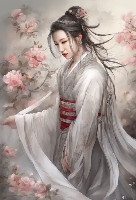 Chinese Ink Style，ink and watercolor painting，water ink，inky，Smudge，swordsmen，Woman，White voluminous robe，Long sword，Long whit hair，（（（Blue-violet lot））），（（A lot of peony flowers）），（（vine）），（（fronds）），（（intricate image）），（（（Meticulous portrayal））），（（（Delic...