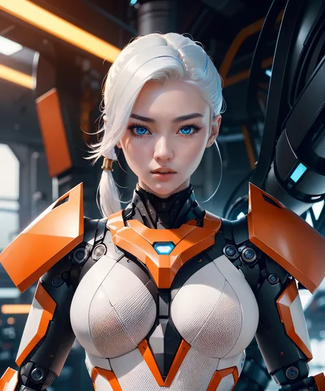 Woman in her 20s, Korean, (Perfect face), defined jawline, Beautiful lips, (beautiful bright blue eyes), (White hair, pony tails), (Perfect anatomy), (atheletic body), (Sexy), (Perfect hands), (Intricate geometric robot white body armor, Orange and bronze ...