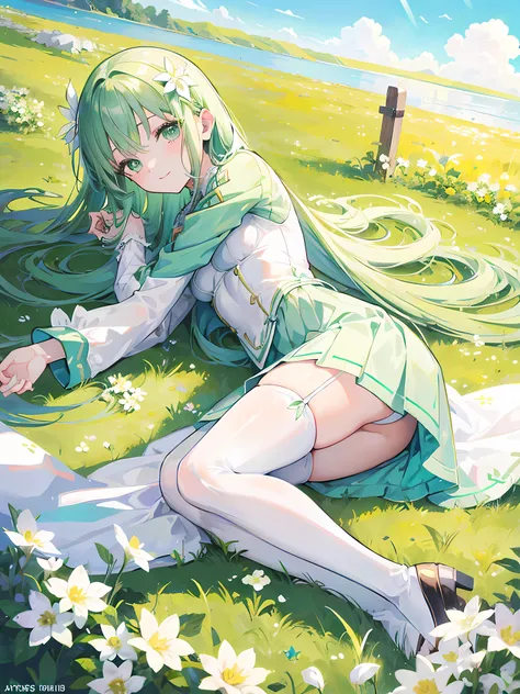 anime girl lying on top grass, white flowers field, beautiful sunlight, clear blue sky, (1girl), long green hair, green eyes, small breasts, green long sleeves short dress, white stocking, smile, beautiful anime artwork, ultrasharp, masterpiece, high res, ...