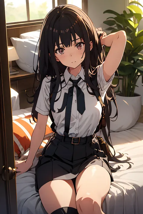 ​masterpiece、flat-colors、depth of fields、lens flare 1 girl、、Brown hair、watching at viewers　　　black suspenders　　　Bulging big breasts　　　 　 Armpit sweat　perspiring　Side of both hands　　walls: 　Black miniskirt　garters　　　　　　Gaze　　　Small face　bangss 　flank　　　　hol...