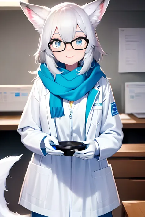 Anime character with arctic fox ears wearing blue lab coat and scarf,Arctic fox with cute blue fur and tail,Wear mid-rimmed glasses,Beauty of arctic fox in lab coat, Cientista da Raposa, desenho peludo profissional，apenas uma cauda