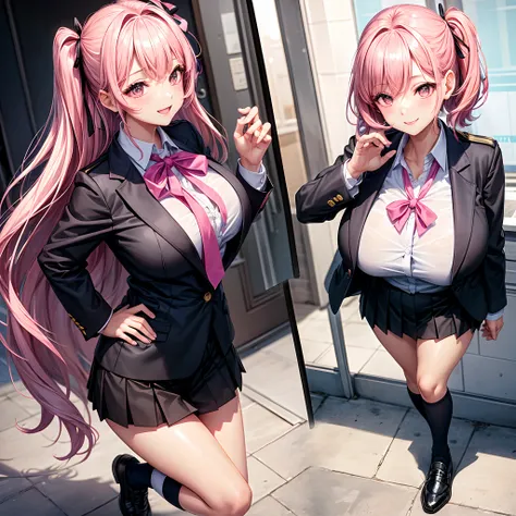 a beauty girl，schools，academy，girl，Ribbon on uniform，Black Blazer，Pink hair，a smile，Loose Socks，Excellent style，Long，Perfect beautiful girl，Shes an Angel，huge tit，​masterpiece，