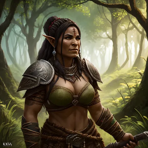 Obra prima melhor qualidade, A Female Orc Warrior tribal linda em uma floresta, On a beautiful morning, intrincado extremamente detalhado, 8k, ultra realista