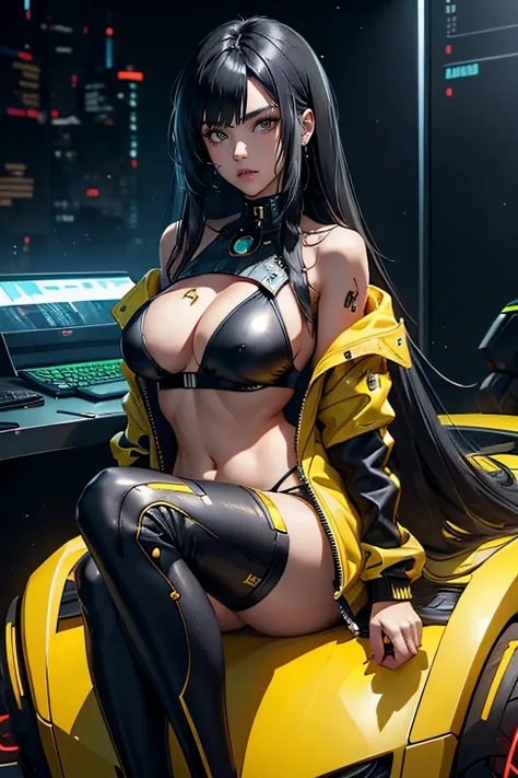 1girl, beutiful face, long hair, yellow oversized jacket, black hair, sitting, looks like lucy from cyberpunk, hourglass figure, black bikini, cyberpunk, cyberpunk 2077, futuristic looking, robot, android, sexbot, large breasts, shorts, detailed features, ...