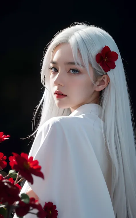 1girll,Solo,1girll,Solo,((Beautiful detailed eyes)), (Detailed light),Depth of field,(White hair),Silver eyes,hair on one eye,(Red flower ), hair flower,Long hair,Black cloak,Wet,emotive,Looking back,Night,Starfall,rained,Heavy fog,Red flowers fall,Sketch,...