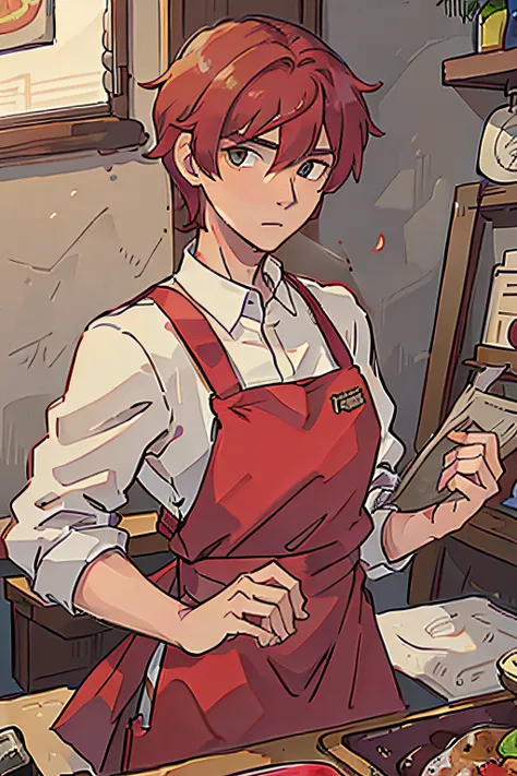 red hair man, he has fleckles, he is handsome, he is 25 years old, he has an apron