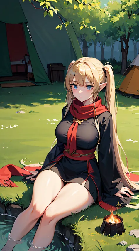 top-quality、Top image quality、​masterpiece、An elf girl((18year old、Best Bust、big bast,Beautiful blue eyes、Breasts wide open, Blonde twintails、A slender,Large valleys、Reflecting the whole body、red scarf、Clothes in black robes、Physical education sitting)）hiq...