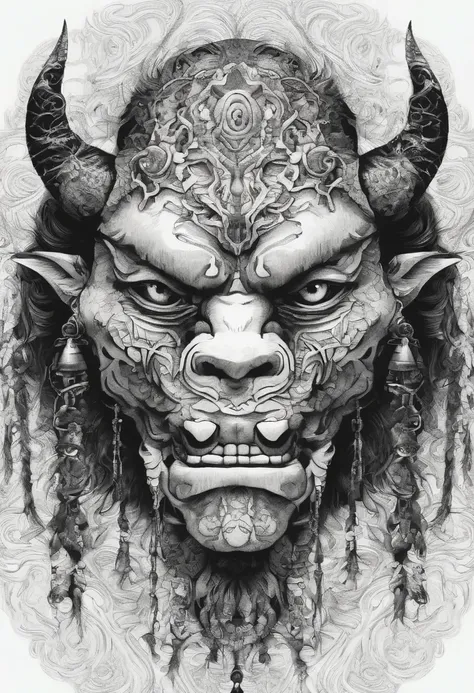 (a symbol of an oni head,thin circle,white and black background,best quality:1.2),extremely detailed oni face,Japanese folklore,traditional art,sharp focus,contrast colors,dark shadows,ominous atmosphere,brush strokes,demon expression,horns and fangs,black...