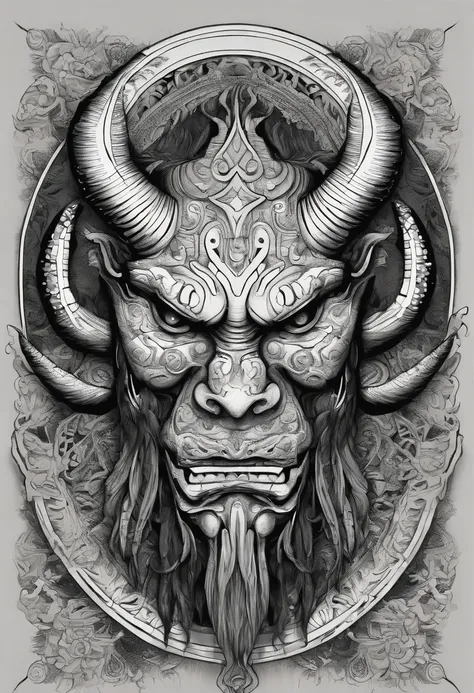 (a symbol of an oni head,thin circle,white and black background,best quality:1.2),extremely detailed oni face,Japanese folklore,traditional art,sharp focus,contrast colors,dark shadows,ominous atmosphere,brush strokes,demon expression,horns and fangs,black...