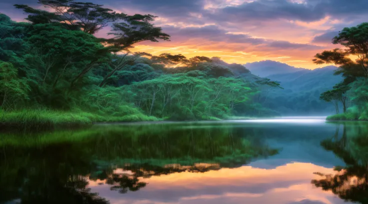 wallpaper, summer, lake, dawn, ((Brazilian forest)), detailed forest, clouds, masterpiece, cinematic, soft light, depth of field, ray tracing, reflection in water, realism, detailed ulra, 64K UHD