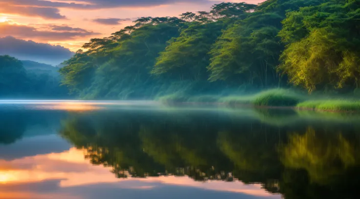 wallpaper, summer, lake, dawn, ((Brazilian forest)), detailed forest, clouds, masterpiece, cinematic, soft light, depth of field, ray tracing, reflection in water, realism, detailed ulra, 64K UHD