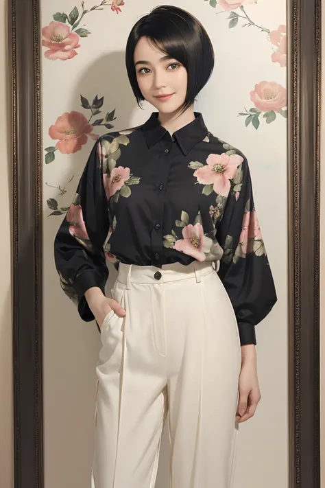 93
(a 20 yo woman,is standing), (A hyper-realistic), (masutepiece), ((short-hair:1.46)), (Smooth black hair), wear long pants, (Wearing a long-sleeved shirt with a floral print), (painterly、picture frame), (Gentle smile), (Keep your mouth shut)