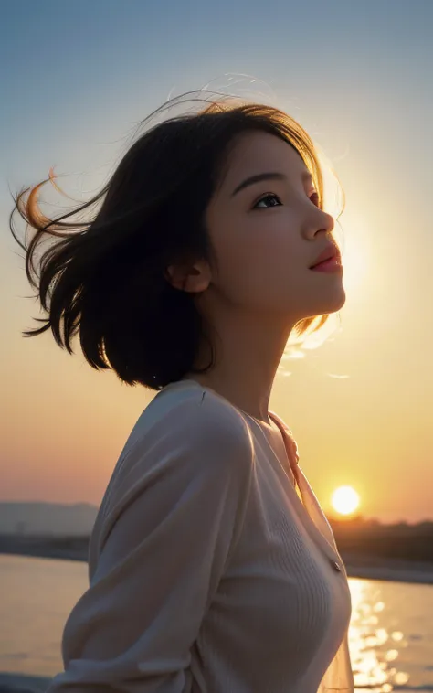 Masterpiece, Best quality, cinematic Film still from, 1girll, Cloud Girl, Floating in the sky, Close-up, Bright, cheerfulness, Warm and soft lighting, Sunset, (spark of light:0.7)