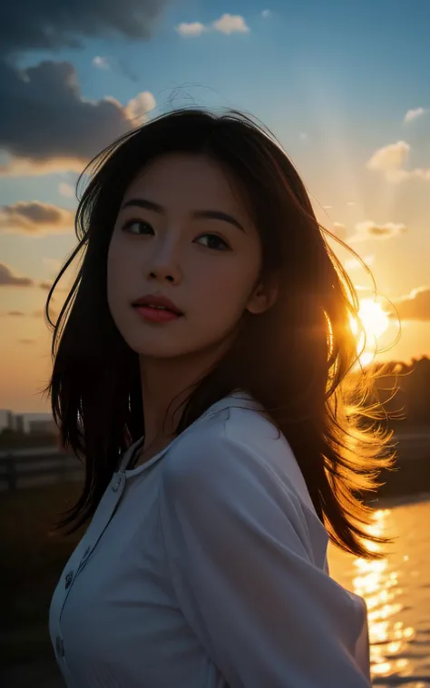 Masterpiece, Best quality, cinematic Film still from, 1girll, Cloud Girl, Floating in the sky, Close-up, Bright, cheerfulness, Warm and soft lighting, Sunset, (spark of light:0.7)