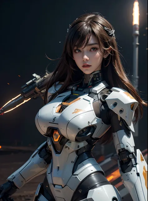 Textured skin, Super Detail, high details, High quality, Best Quality, hight resolution, 1080p, hard disk, Beautiful,(cyborgs),((Missile-shaped boobs)),(Machine gun on the back),beautiful cyborg woman,Mecha Cyborg Girl,Battle Mode,Girl with a Mecha Body,Sh...