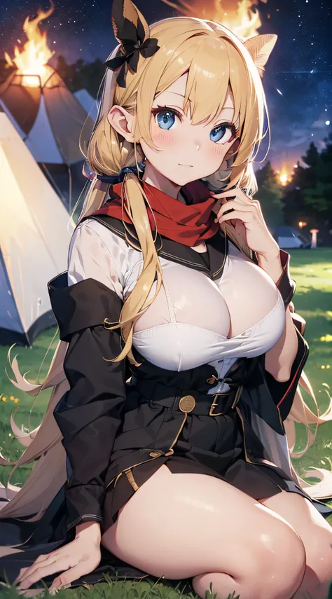 top-quality、Top image quality、​masterpiece、An elf girl((18year old、Best Bust、big bast,Beautiful blue eyes、Breasts wide open, Blonde twintails、A slender,Large valleys、Reflecting the whole body、red scarf、Clothes in black robes、Physical education sitting)）hiq...