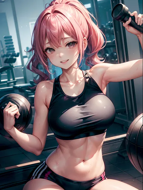 top-quality、Full limbs、complete fingers、1girl in、((one beautiful women、独奏))、Beautiful Large Breasts、Medium Hair、poneyTail、Pink hair、(Black Sports Bra)、(Black spats)、Exposing your belly、abdominals、((sports gym))、Naughty Poses、A big smile、medicine ball、Sweat...