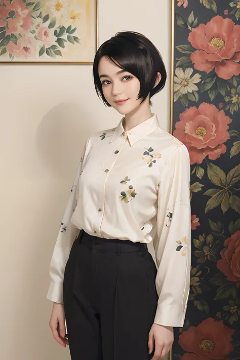 93
(a 20 yo woman,is standing), (A hyper-realistic), (masutepiece), ((short-hair:1.46)), (Smooth black hair), wear long pants, (Wearing a long-sleeved shirt with a floral print), (painterly、picture frame), (Gentle smile), (Keep your mouth shut)