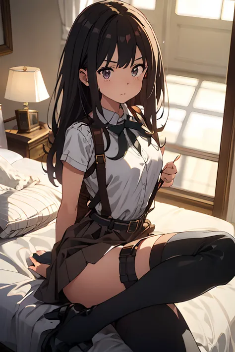 ​masterpiece、flat-colors、depth of fields、lens flare 1 girl、、Brown hair、watching at viewers　　　black suspenders　　　Bulging big breasts　　　 　 Armpit sweat　perspiring　Side of both hands　　walls: 　Black miniskirt　garters　　　　　　Gaze　　　Small face　bangss 　flank　　　　hol...