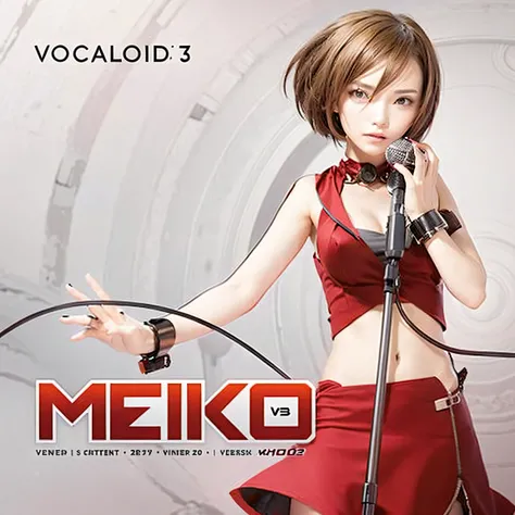 Style image of a woman in a red dress holding a microphone, Vektroid album cover, Nekro III, Vektroid, vocaloid, Makoto, Makoto Kano, Nekro XIII, Makoto Shinka, alguien, kemono, Nekro, Mikudayao, amigo, vocalista, Arte de la caja, meiko, cabello corto, bro...