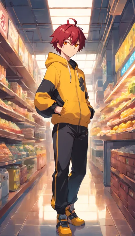 1 male human、Red-haired、Huge ass、black rubber suit、yellow  eyes、short-haired、wide hips、Mokkori、Skunk ears、Skunk tail、tuxedo、Yellow hoodie、Shota、shoun、factories