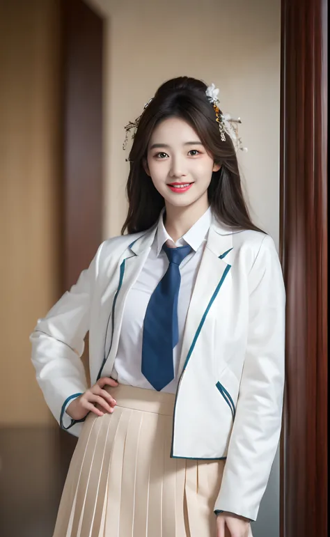 Masterpiece, Best quality, Ultra-detailed, 1girll, aris, White jacket, White shirt, a blue tie, Pleated skirt, Halo, Indoors, Smile