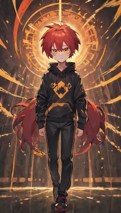 1 male human、Red-haired、Huge ass、black rubber suit、yellow  eyes、short-haired、wide hips、Mokkori、Skunk ears、Skunk tail、tuxedo、Yellow hoodie、Shota、shoun